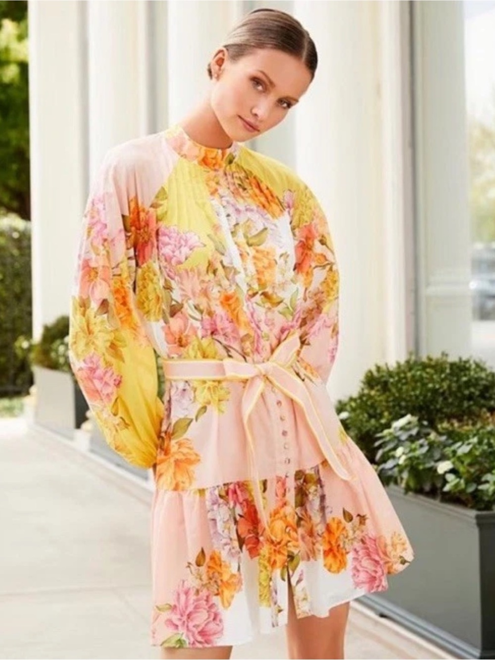 NWT Antonio Melani Brynn Floral Print Dress Mock Neck Self-Tie Button Front Dres